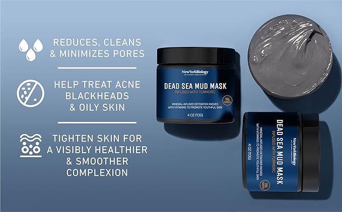 New York Biology Dead Sea Mud Mask for Face and Body | with Turmeric Oil | Spa Quality Pore Refiner for Oily Skin | Natural Skincare for Women & Men | Tighten Skin for A Healthier Complexion | 4 oz