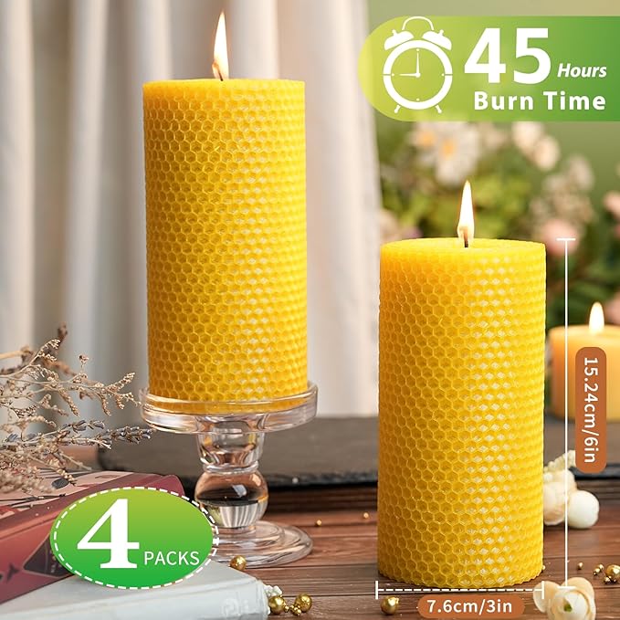 4 Packs 3x6 Inch Beeswax Candles, Large Honeycomb Beeswax Pillar Candles, 45 Hours Burn Time, Natural Pure Bees Wax Candle Handmade Gift for Home Decor, Candle Lovers, Air Purify