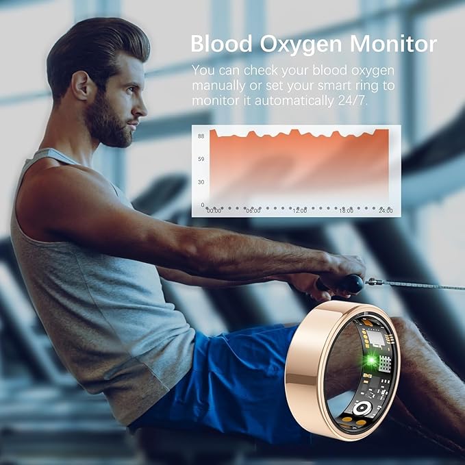Ring Health Tracker for Women Men, Fit Ring with Heart Rate, Blood Oxygen, Sleep Monitor, Calories, Step Counter, IP68 Waterproof Smart Ring for iPhone & Android, No Subscription Fee (Rose Gold, 6#)