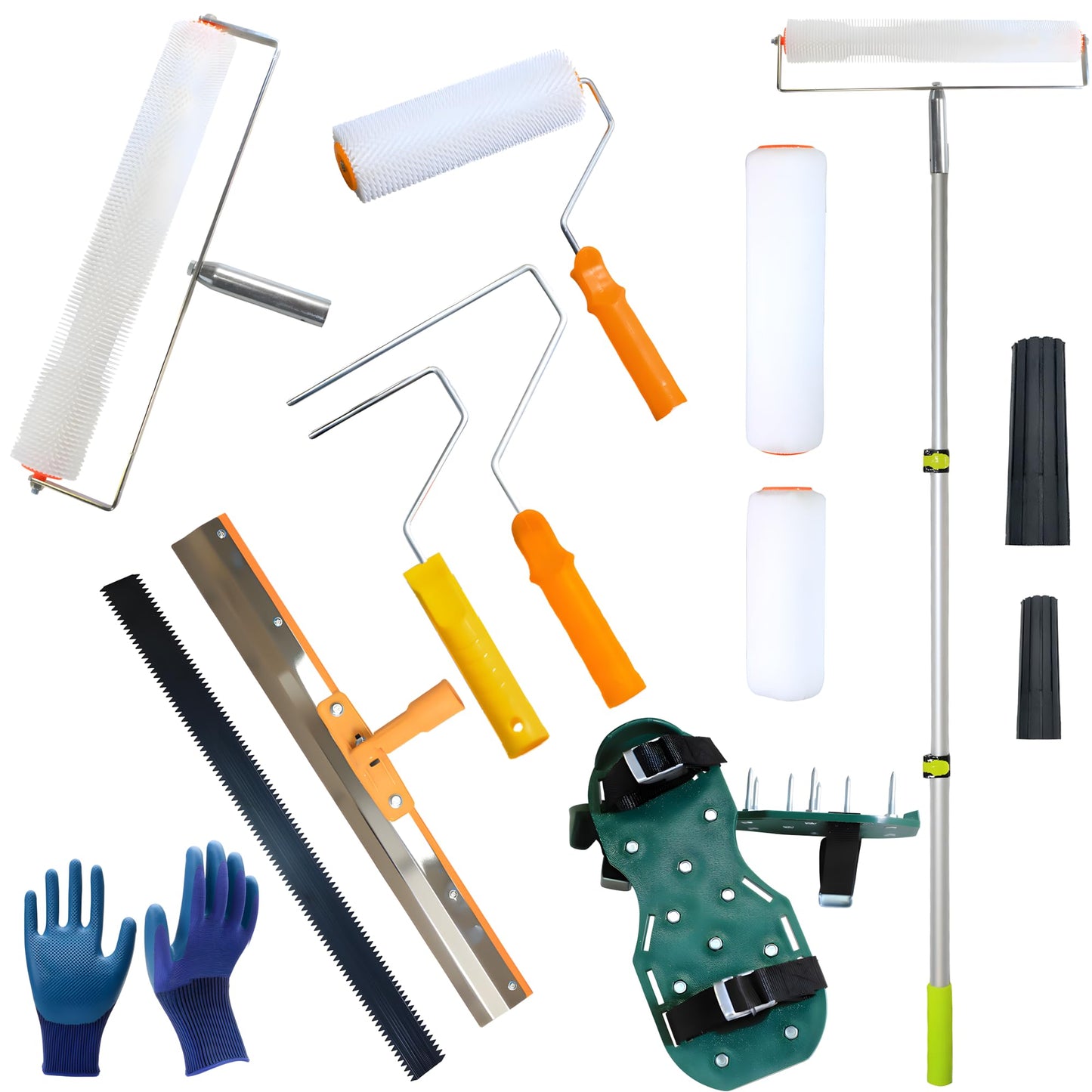 Self Leveling Cement Tool Kit,Epoxy Flooring Tool Kit,Self-Leveling Rake,Spike Shoes for Epoxy Flooring,Floor Leveling Tools,Spike Roller for Self-Leveling,23.62~55.12 inch Telescopic Pole
