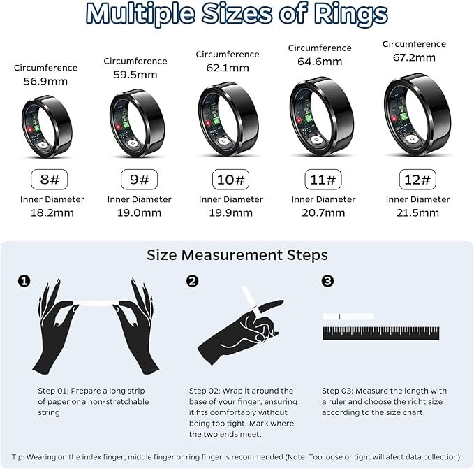 Smart Ring Health Tracker, Sleep Tracker Ring with Heart Rate, Waterproof Fitness Ring for Activity Monitoring/Steps/Distance/Calories, Air Gestures,Up to 7-Day Battery, for iOS and Android (Black,#9)
