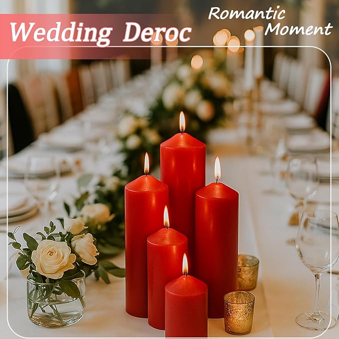 18 Pcs Red Pillar Candles Bulk Set，Hurricane Candlesï¼? Different Lengths (6 Each)，Dripless Unscented Smokeless，Gives You a Better Atmosphere When Organizing Wedding or Event Party.