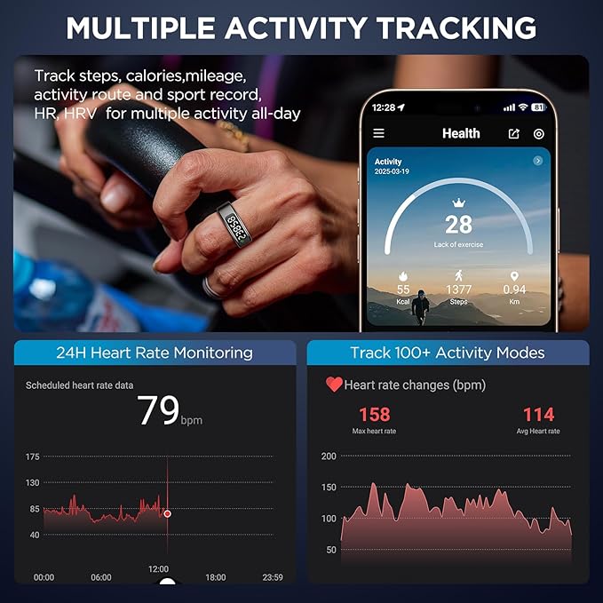 Smart Rings for Men with Display Screen, Fitness Ring with Wireless Charging, Sleep Tracker Ring with Heart Rate, Health Rings for Activity Monitoring/Steps/Calories, for iOS Android (Black,10#)