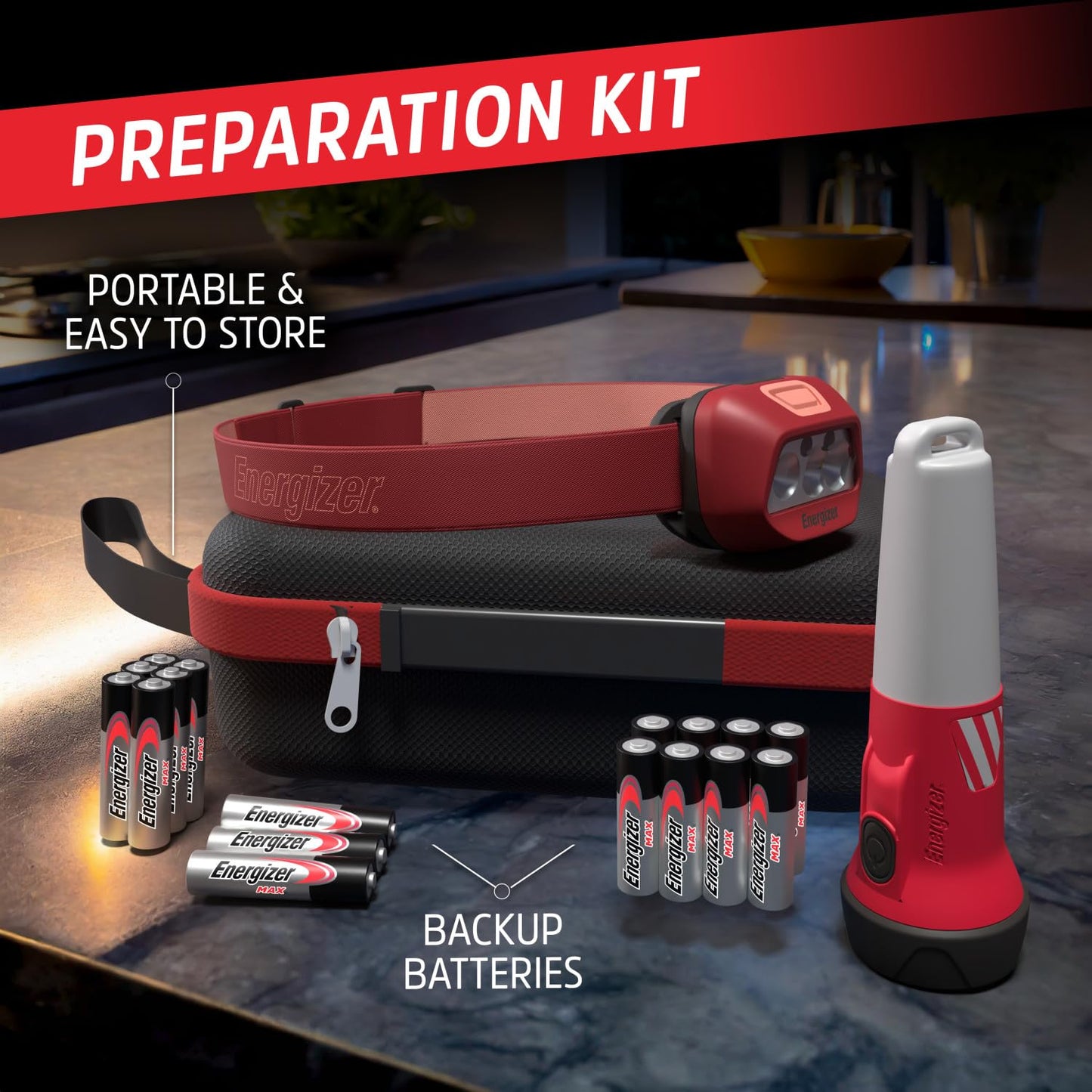 Energizer WeatheReady Power Outage Kit with 2-in-1 LED Flashlight Lantern, LED Headlamp, IPX4 Water-Resistant, Backup AA + AAA Batteries, Storage Case, Hurricane Preparedness Items