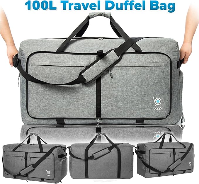 Bago Big XXL Foldable Duffel Bags for Traveling Women & Men - 140L Packable Duffle Bag for Travel with Shoe Compartment - Water Repellant, Heavy Duty, Lightweight Folding & Collapsible (SnowGray)