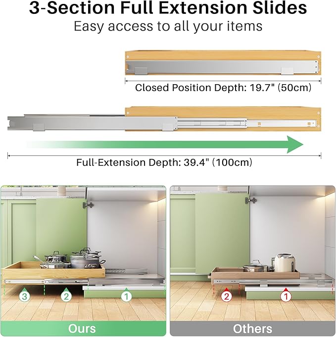 Pull Out Cabinet Organizer, Soft Close Wooden Slide Out Drawers for Pots and Pans, Full-extension Roll Out Shelves for Kitchen Cabinets, Pantry Organization, Bottom & Side Mount(17"W X 21"D x 3.4''H)