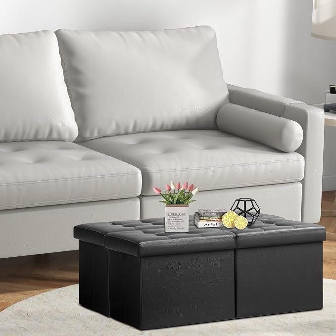 AmasSmile Footrest Ottoman Bench with Storage,34Inch Black Leather Footstool, Coffee Table, Padded Seat, Storage Chest,Blanket Store with Flipping Lid for Livingroom and Bedroom