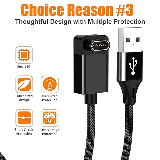 AGVEE 2 Pack 6.6ft Charger for Garmin Watch, L-Shape Zero Gap Charging Cable for Fenix, Forerunner, Vivoactive, Instinct, Venu, Tactix, Approach, D2, Quatix Series, Right Angle Braided, Black