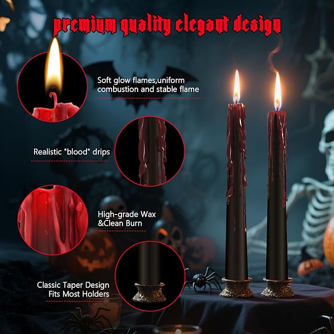 12 Pack Halloween Bleeding Candles, Black Vampire Tears Taper Candles Spooky Blood Drip Candles Set for Halloween Party Gothic Home Vampire Theme Rituals Decoration