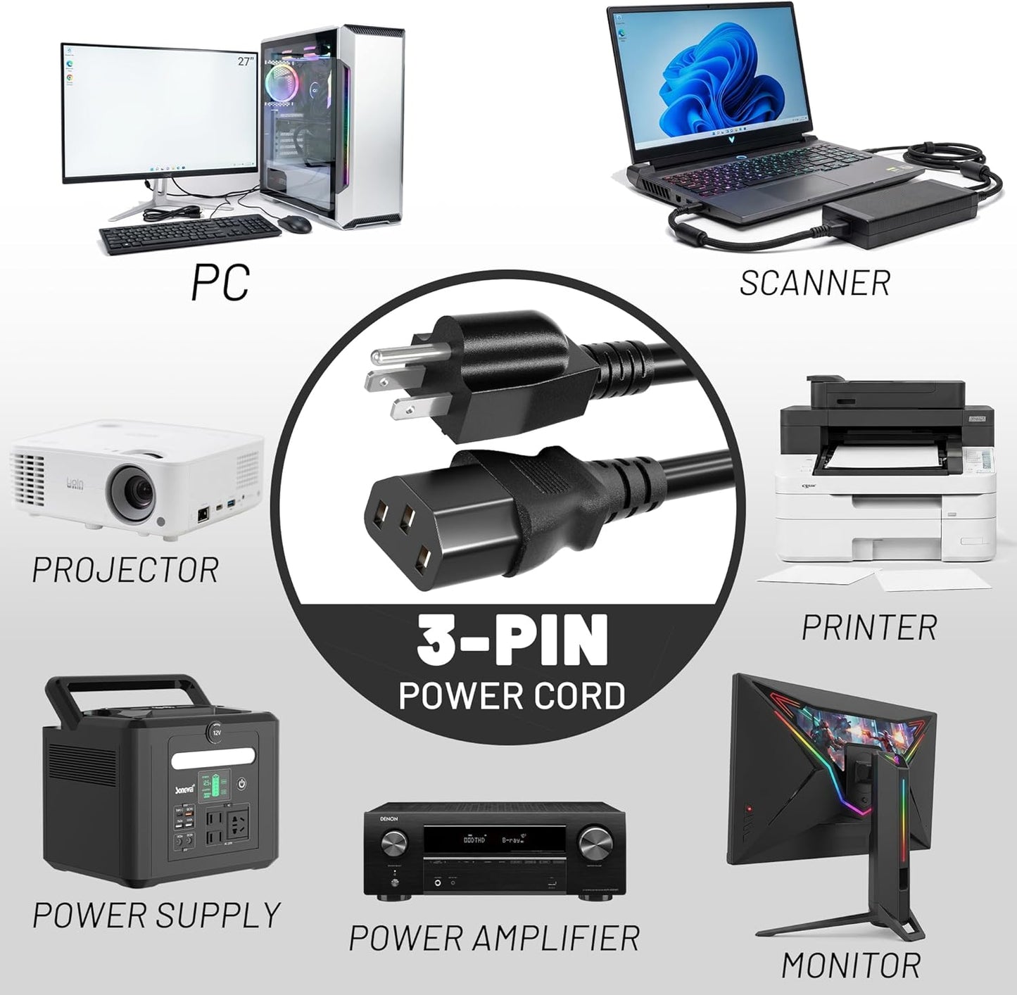 Vockjour 3 3ft 10 125 18AWG, 5-15P C13, Prong AC Power Cord Cable Amps Volts NEMA to Black PC Power Cable for TV