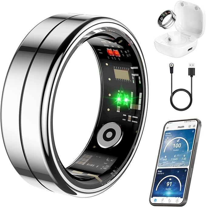 Fit Ring, Smart Health Rings for Women Men with Heart Rate,Blood Oxygen,HRV,Stress Level, Sleep Monitor, Step Tracker, No Subscription Fee, IP68 Waterproof Smart Ring for iphone &Android (Silver, 11#)