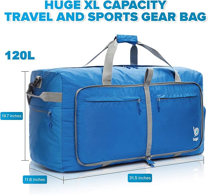 Bago Large Foldable Duffel Bags for Traveling Women & Men - 120L Packable Duffle Bag for Travel with Shoe Compartment - Water Repellant, Heavy Duty, Lightweight Folding & Collapsible (Blue)
