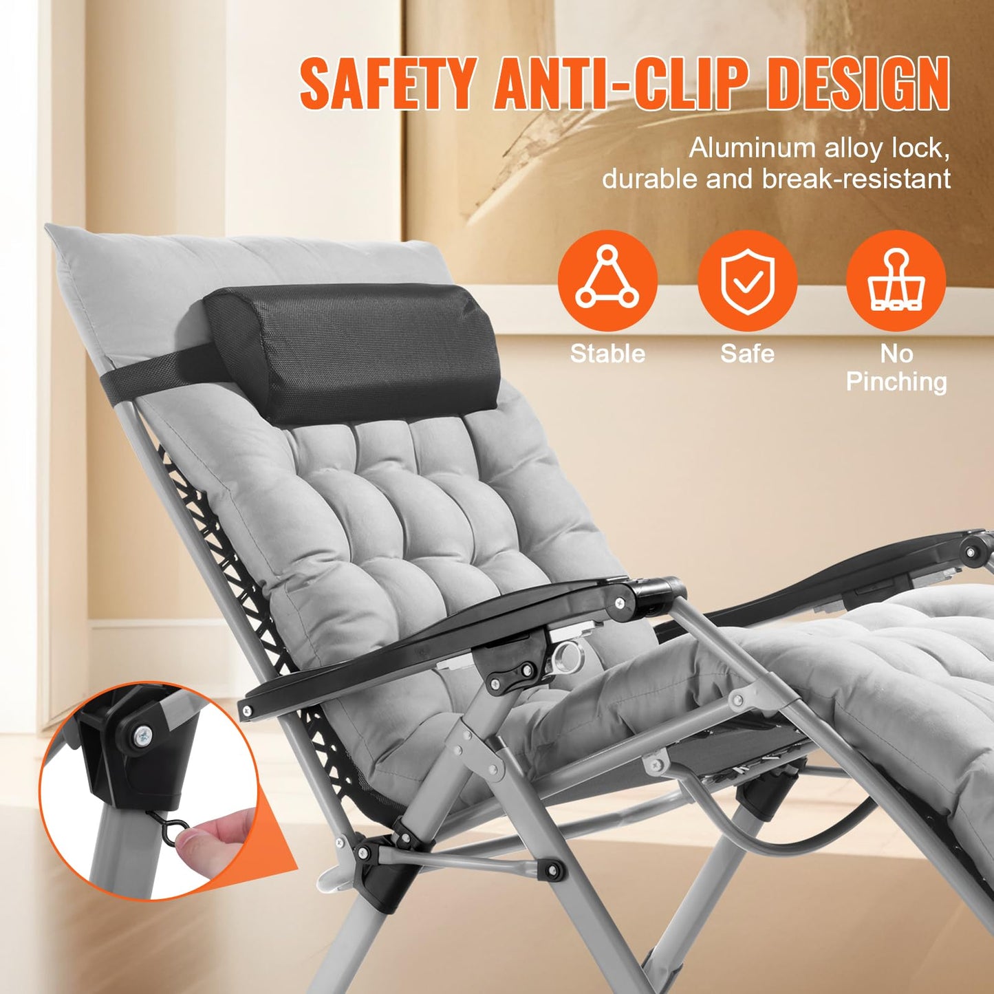 VEVOR Zero Gravity Chair, 33 inch Zero Gravity Recliner Lounge Chair for Indoor and Outdoor, Adjustable Anti Gravity Chair with Cushion, Headrest, Footrest, and Cupholder, 500 lbs, Gray