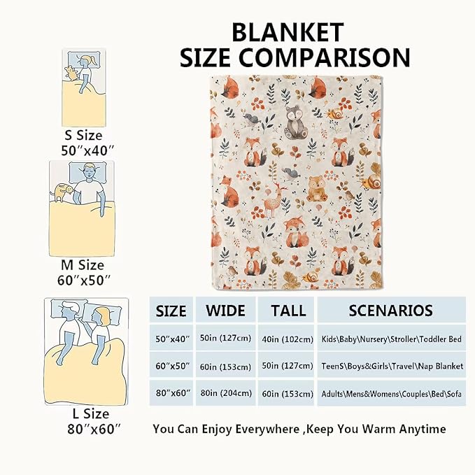 Cute Woodland Animal Blanket,Cartoon Fox, Owl, and Deer Throw Blankets,Gifts for Kids & Animal Lovers,Lightweight Soft Fleece,for Picnic Sofa Couch Bed Room Travel,Birthday Decor,60x80in