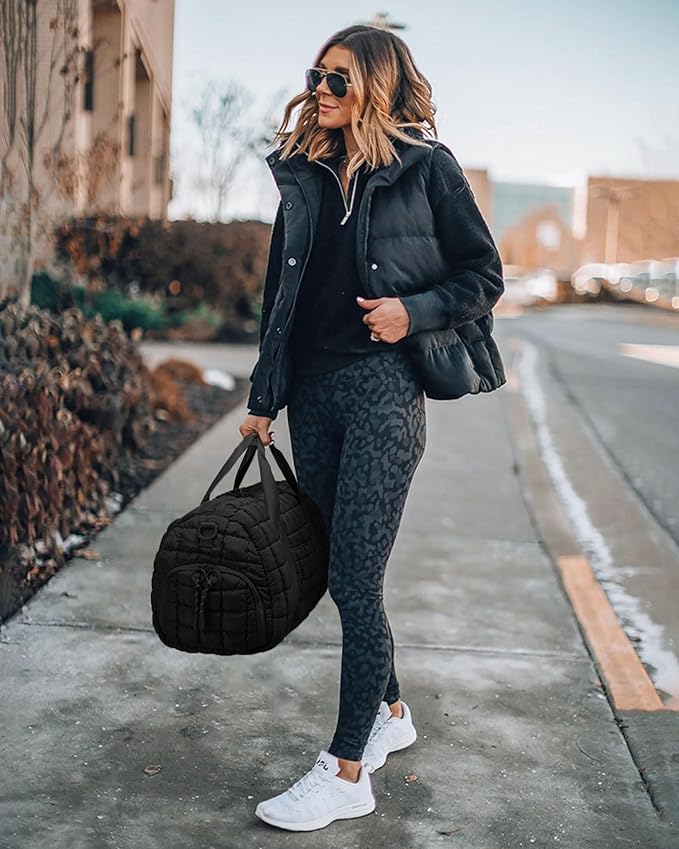 FODOKO Quilted Duffel Bag for Women, Puffer Gym Duffle with Shoe Compartment, Lightweight Large Crossbody Sport Bag Travel Tote, Black