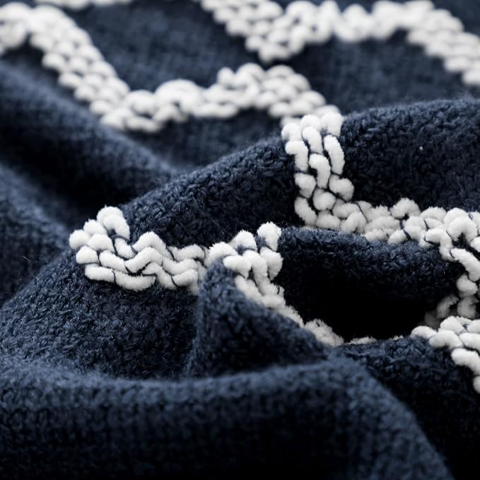 BOURINA Fluffy Chenille Knitted Fringe Throw Blanket Lightweight Soft Cozy for Bed Sofa Chair Throw Blankets, Navy 50" x 60"