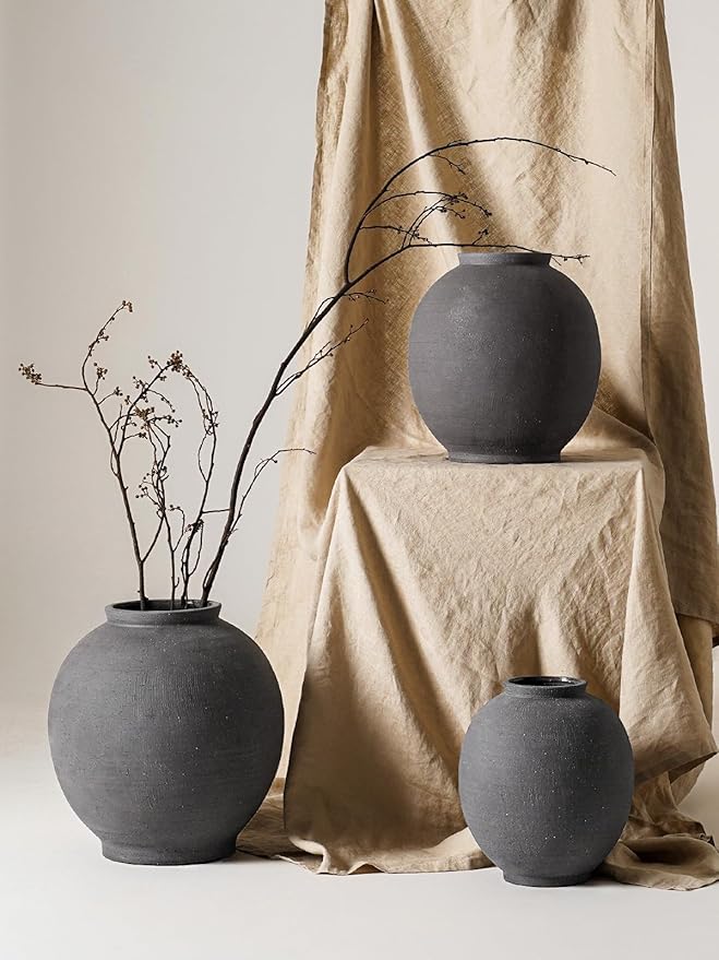 Large Blak Ceramic Vase - 9.8 Inch Rustic Farmhouse Flower Vase for Home Decor, Minimalist Tall Vases for Living Room, Table, Bathroom, Holiday & Weddings,Sandstone Dark Grey