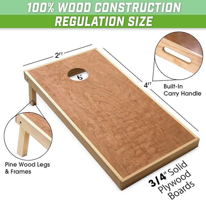 GoSports 4’ x 2’ Commercial Grade Cornhole Boards Set - Natural Wood Cornhole Boards, Choose from Different Bean Bag Color Combinations