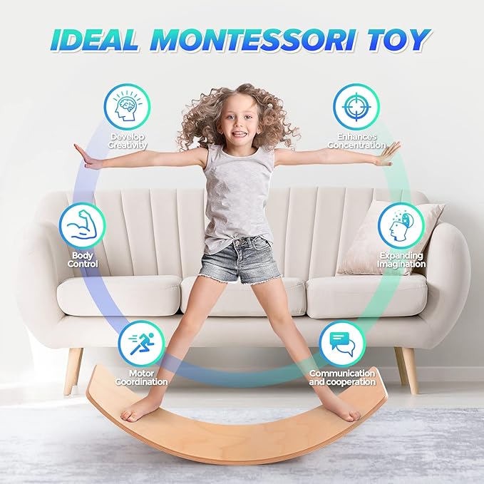 Wooden Balance Board Kids, 37" Natural Wobble Board Wooden Toys for Toddlers Kids & Adults, Birthday Gifts for 3 4 5 6 7 8 Year Old Boys Girls Kids, Open Ended Montessori Waldorf Learning Toy