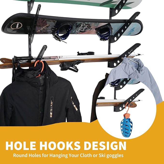 2 Board Snowboard Wall Racks, Adjustable Storage Rack for Ski, Surfboard, Wakeboard, Snowboard Wall Mount Display, Black