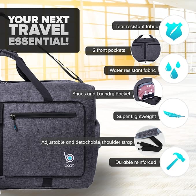 Bago Large Foldable Duffel Bags for Traveling Women & Men - 80L Packable Duffle Bag for Travel with Shoe Compartment - Water Repellant, Heavy Duty, Lightweight Folding & Collapsible (SnowBlack)