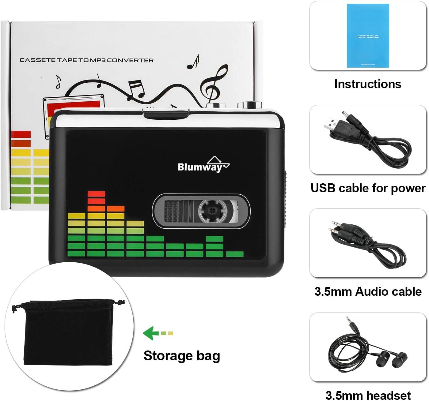 BlumWay Cassette MP3 Cassette MP3 Cassette USB to Converter, Portable Tape Player to Format, Audio Music Tape