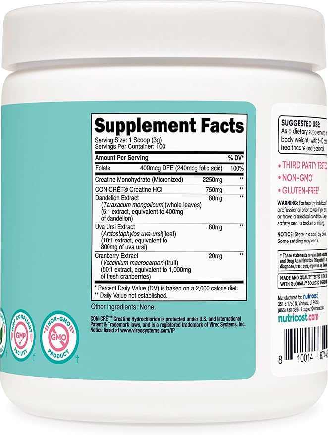 Nutricost Creatine Monohydrate Powder for Women, Micronized, Unflavored, 100 Servings - Vegetarian, Non-GMO, Gluten Free