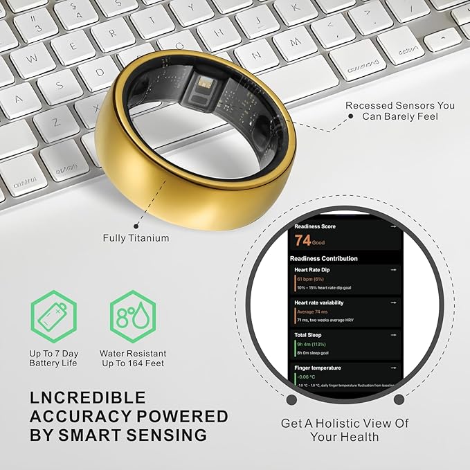 Smart Ring, Activity Trackers, Sleep Ring, Fitness Tracking, Stress Tracker, Heart Rate, Meditation, Temperature, Respiratory, No App Subscription, Women, Men, iOS, Android (Golden, 7)