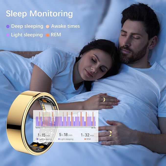 Ring Health Tracker for Women Men, Fit Ring with Heart Rate, Blood Oxygen, Sleep Monitor, Calories, Step Counter, IP68 Waterproof Smart Ring for iPhone & Android, No Subscription Fee (Gold, 13#)