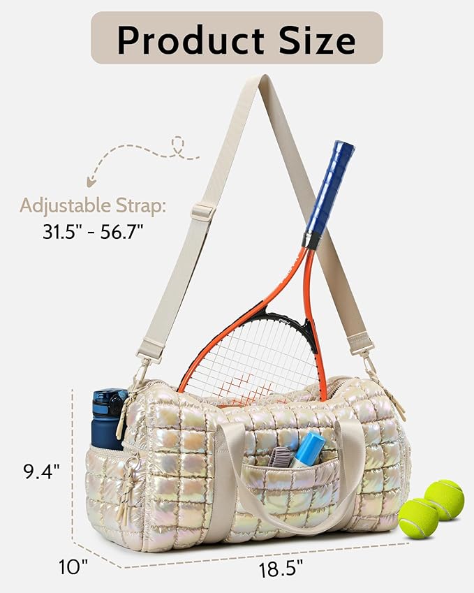 Quilted Duffel Bag for Women, Puffer Gym Duffle Bag with Shoe Compartment Lightweight Large Crossbody Sport Travel Bag Tote Beige Mermaid