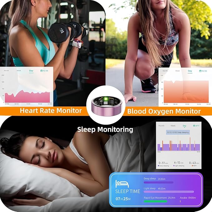 Smart Ring For Women Men, Health Tracker with Heart Rate/Blood Oxygen/Blood Pressure/Sleep Monitoring/Step Counting, IP68 Waterproof Fitness ring, No App Fees for iPhone & Android (Rose Gold, 10#)