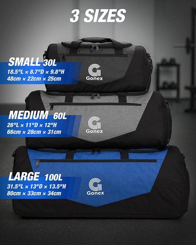 Gonex Gym Duffel Bag with Shoe Compartment Wet Pocket, Large Capacity Sports Duffle Bag for Men Women, Workout & Travel Bag with Multiple Pockets, Black/Gray, Large (100L)
