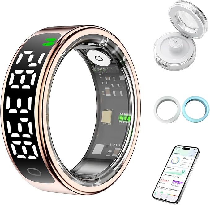 Smart Health Ring for Women Men, Smart Ring Fitness Tracker for iOS Android, Heart Rate, Blood Oxygen, Blood Pressure, Sleep Monitoring,5ATM Waterproof, No Subscription Fee (Gold, 12#)