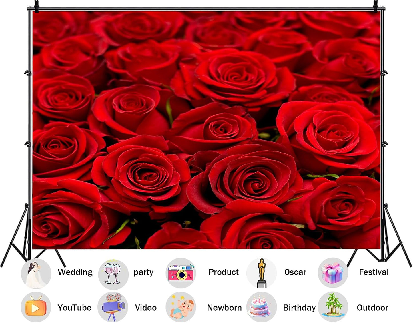 SHDASMIL 6X6ft Bright Red Roses Close Up Backdrop Fresh Floral Bouquet Background for Valentines Day Wedding Party