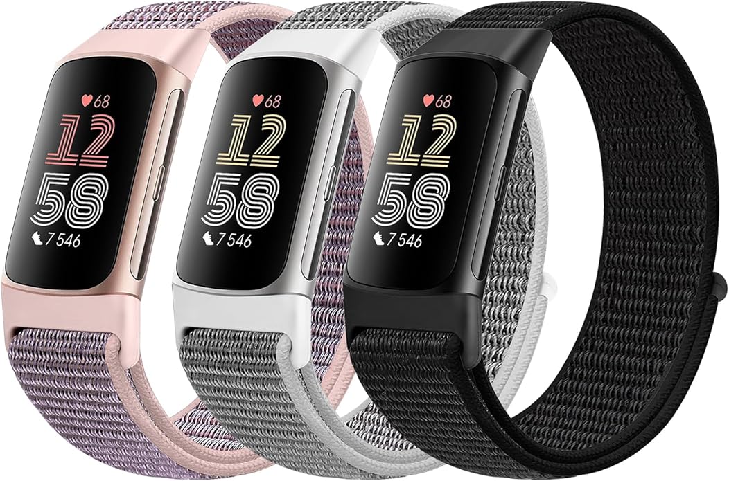 Sport Loop Nylon Watch Bands Compatible with Fitbit Charge 6/5, Adjustable Breathable Replacement Soft Nylon Loop Wristband for Women/Men