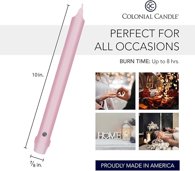 Colonial Candle Unscented Taper Candle, Classic Collection, Persian Pink, 10 in, Pack of 12 - Up to 8 Hours Burn