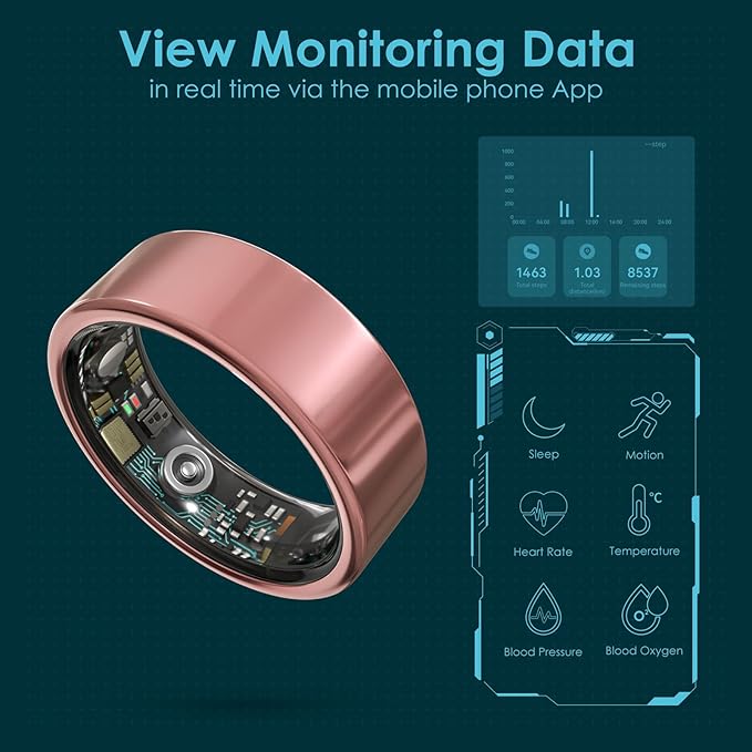 Smart Ring Health Monitoring 5ATM Waterproof Fitness Tracker with Glossy Titanium Surface Blood Oxygen/Sleep/Stress Tracking Women?™s Cycle Prediction Sport Ring Compatible with iOS/Android Yellow 12