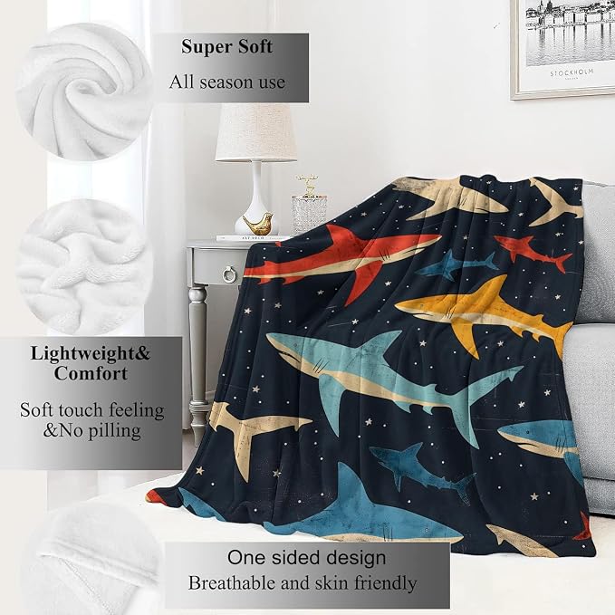 Shark Blanket Vibrant Sharks Dark Throw Blankets,Birthday Gifts for Girls Boys Women & Ocean Lovers,Lightweight Soft Fleece,for Sofa Couch Bed Room Sea Life Decor 60x80in