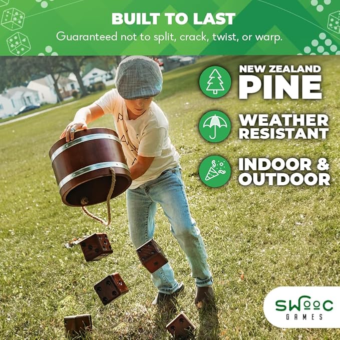 SWOOC Games - Yardzee, Farkle & 20+ Giant Dice Games (All Weather) Yard Dice with Wooden Bucket, 5 Scorecards & Marker - Jumbo Dice Yard Game - Extra Large Yard Games for Adults - Jumbo Lawn Games