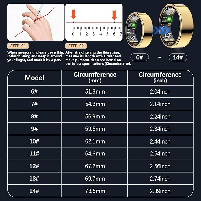 Ring Health Tracker for Women Men, Fit Ring with Heart Rate, Blood Oxygen, Sleep Monitor, Calories, Step Counter, IP68 Waterproof Smart Ring for iPhone & Android, No Subscription Fee (Gold, 14#)