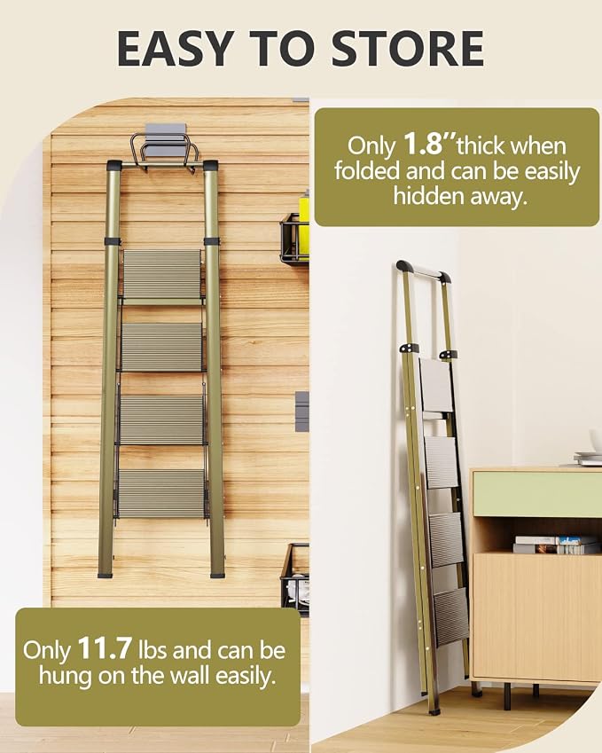 WOA WOA 4 Step Ladder, Ladders for Home, Anti-Slip Pedals, Aluminum Step Stool Foldable, Lightweight to Move, Ease of Storage, Reach 9ft for Closet Kitchen Library, Hold 300lbs - Gold
