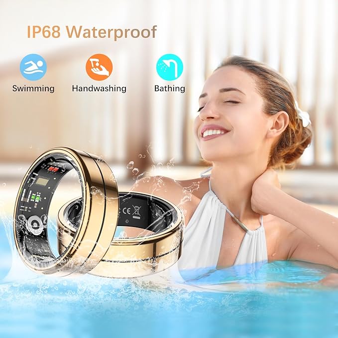 Fit Ring, Smart Health Rings for Women Men with Heart Rate,Blood Oxygen,HRV,Stress Level, Sleep Monitor, Step Tracker, No Subscription Fee, IP68 Waterproof Smart Ring for iphone &Android (Gold, 10#)