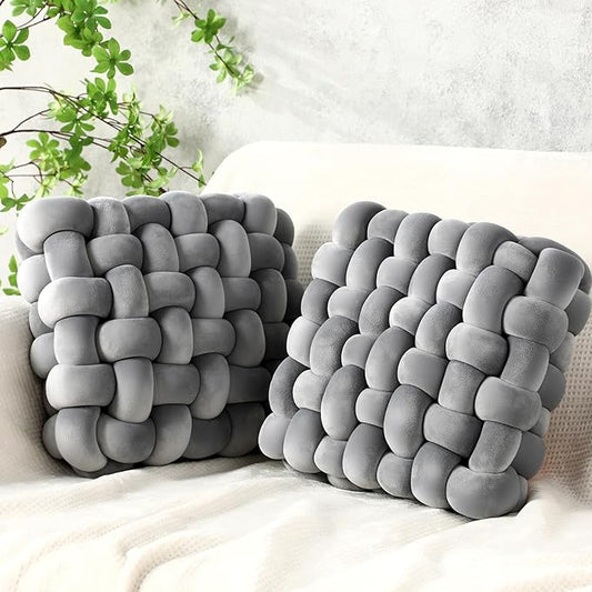 Wenqik 2 Pcs Knot Pillows Square Knotted Plush Throws Soft Accent Pillows Decoration Cushion for Couch Home Office Living Room Bedroom Bed Sofa Decor, 12'' x 13''(Light Gray,Crystal Velvet)