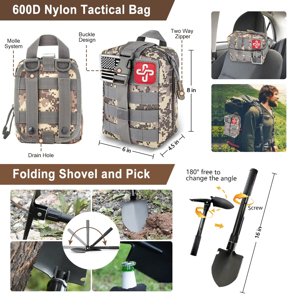 238Pcs Emergency Survival Kit and First Aid Kit, Professional Survival Gear Tool with Tactical Molle Pouch and Emergency Tent for Earthquake, Outdoor Adventure, Camping, Hiking, Hunting