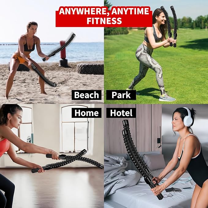 Ropeless Battle Ropes for HIIT Workouts, Cardio & Muscle Training, Low-Impact Cardio Training, Portable Cordless Home Gym Equipment for Men & Women with Non-Slip Gloves