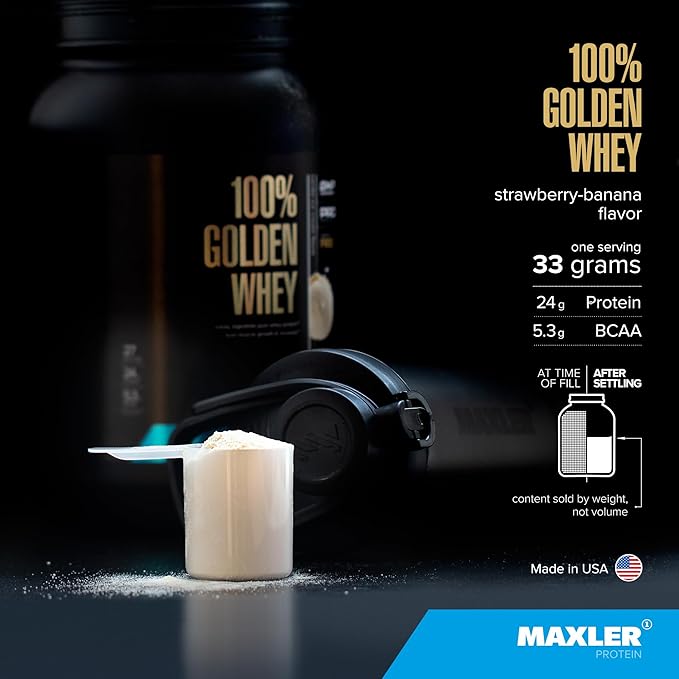 Maxler 100% Golden Whey Protein - 24g of Protein per Serving - Premium Whey Protein Powder for Pre Post Workout - Fast-Absorbing Whey Concentrate, Isolate & Hydrolysate Blend - Strawberry Banana 5 lb