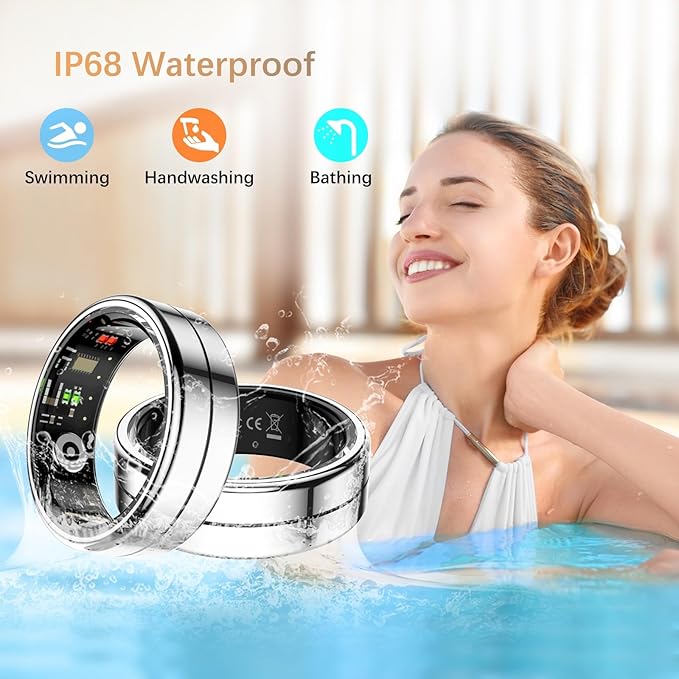 Fit Ring, Smart Health Rings for Women Men with Heart Rate,Blood Oxygen,HRV,Stress Level, Sleep Monitor, Step Tracker, No Subscription Fee, IP68 Waterproof Smart Ring for iphone &Android (Silver, 7#)