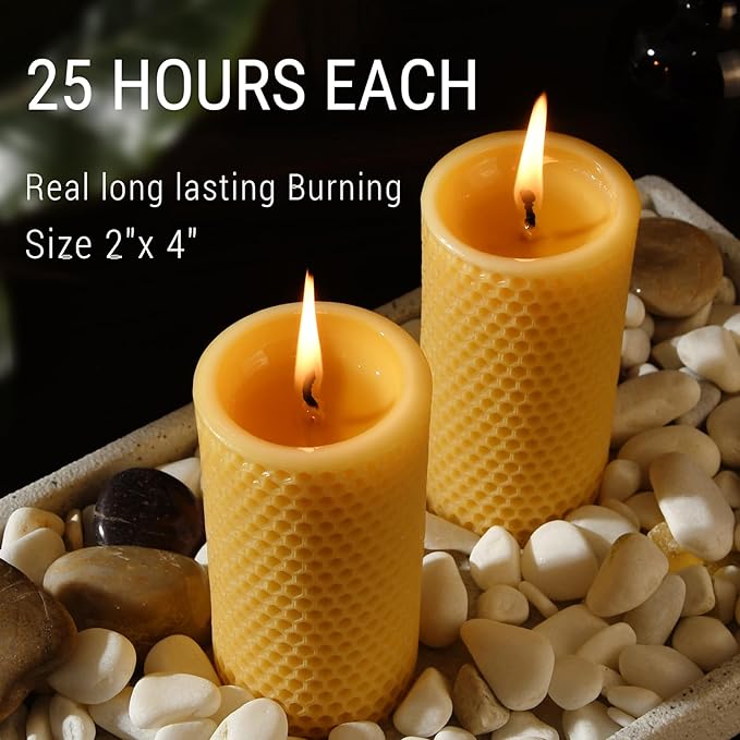 Pure Natural Beeswax Pillar Candles - Pack of 3 - Honeycomb Surface, No Scent- for Emergency/Prayer/Relax (2inch Diameter, 4 inch Tall - Yellow)