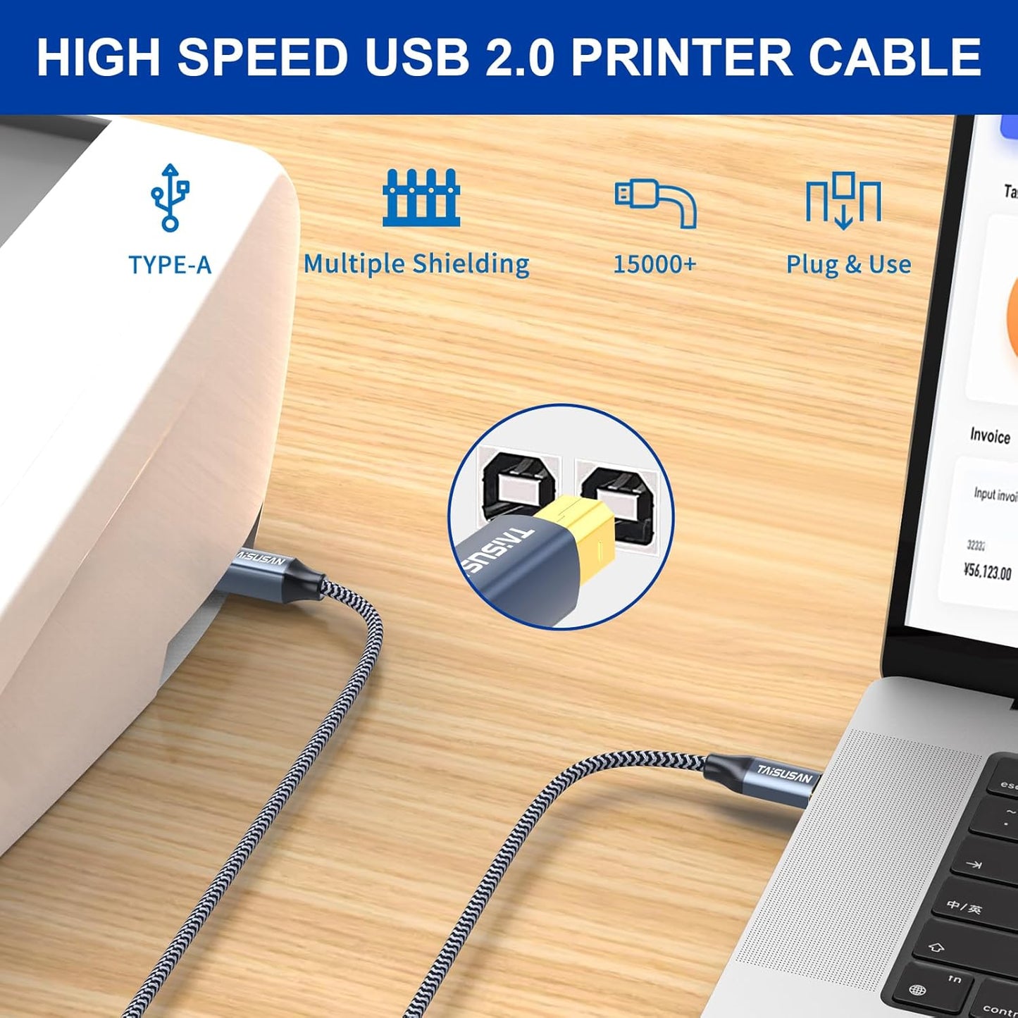 20ft, USB C Printer Cable Compatible With Keyboard, MacBook Pro/Air, Printers and Scanners - USB B to C MIDI Cable