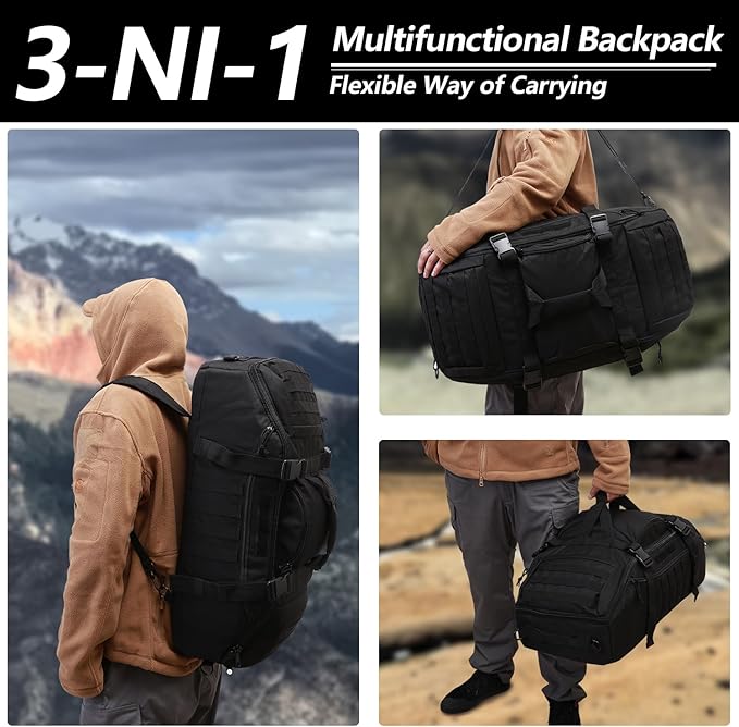 65L Large Duffle Bag, 3-in-1 Tactical Backpack MOLLE Pack for Sports, Gym, Outdoor, Black